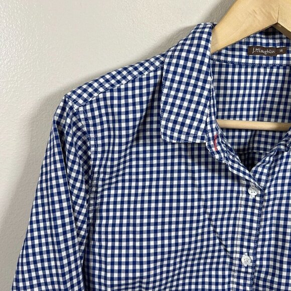 J.Mclaughlin Gingham Button Up Shirt Size 14 Blue Cotton Preppy Work Office - Picture 4 of 9
